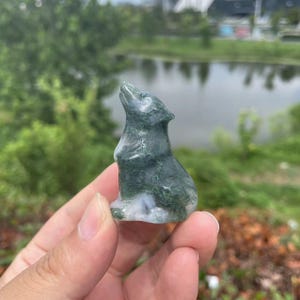 Può includere: Una scultura di lupo in agata verde e bianca. Il lupo è seduto con la testa inclinata verso l'alto, come se ululasse. La scultura è liscia e lucida.