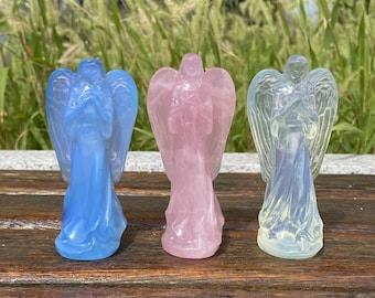 Handmade Crystal Angel Carving: Opalite & Rose Quartz Statue