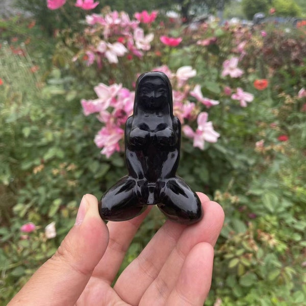 Lovely Black Obsidian Yoga Goddess Carving|Healing Crystal Carving|Obsidian Yoga Goddess sculpture|Crystal Yoga Goddess Gift for Kid and Her