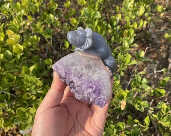 Hand Carved Agate Bear with Amethyst Cluster: Crystal SculptureCrystal Decor