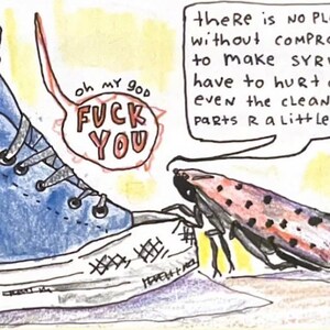 Puede incluir: Ilustración dibujada a mano de una zapatilla alta azul con un emblema de estrella roja y una burbuja de diálogo con las palabras "oh my god FUCK YOU". También hay un insecto y una burbuja de texto con las palabras "there is no pleasure without compromise".
