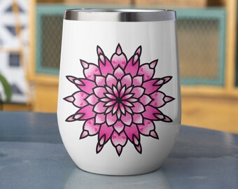 PINK MANDALA WINE Tumbler Cup Mug with Lid 12 oz Stemless 2022