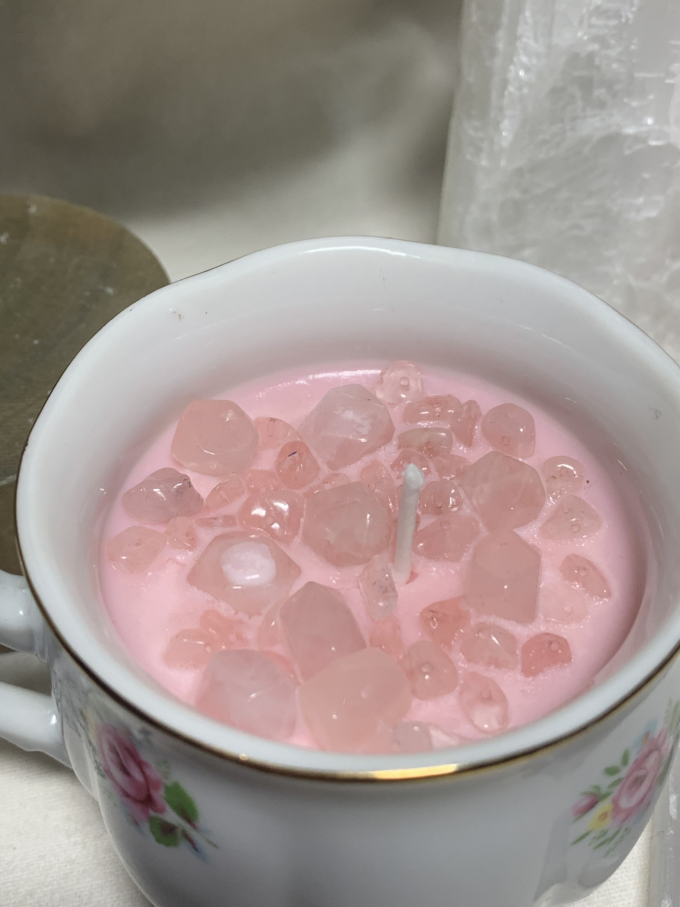 Rose Quartz Crystal Candle Recycled Vintage Tea Cup Etsy