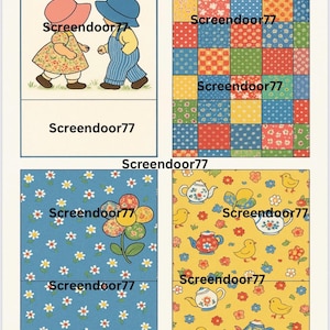 May include: A collage of four vintage-style illustrations. One features two children, a girl in a floral dress and a boy in overalls. The other three showcase colorful patterns: patchwork, daisies, and teapots with birds. The text "Screendoor77" is present.