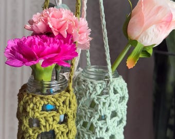 かぎ針編み/おばあちゃんのスクエアスタイルのプラントハンガー *リサイクルされたスパイス瓶にフィット *花や植物の苗に最適