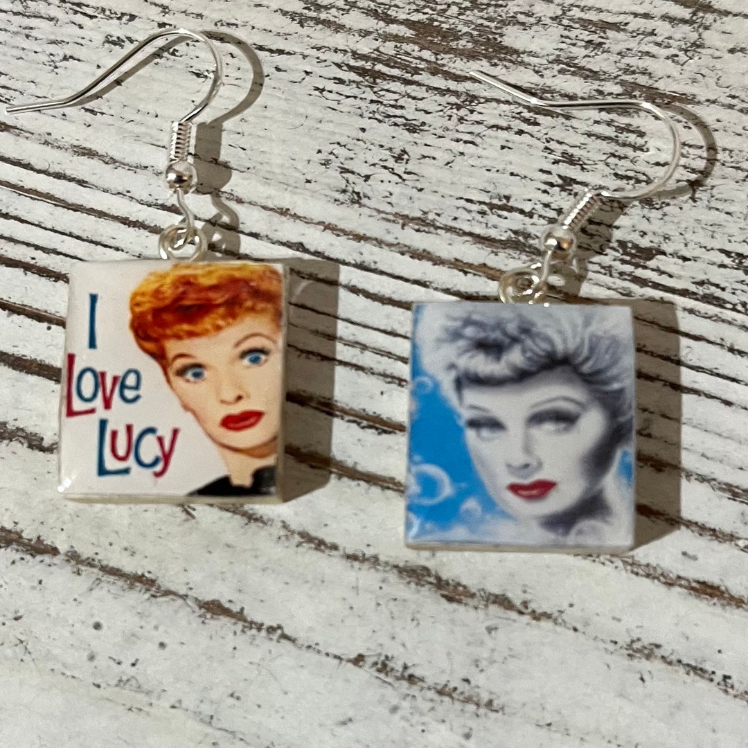 I Love Lucy Earrings: Upcycled Scrabble Tile, Sterling Silver Hooks
