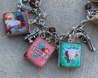 Country Girl Bracelet, Scrabble Tile Charm Bracelet, Western Cowgirl Jewelry