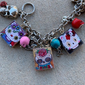 Day of the Dead Sugar Skull Cat Bracelet, Scrabble Tile  Charm Bracelet