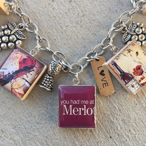 Wine Lover Charm Bracelet: Recycled Scrabble Tile Jewelry