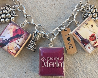 Wine Lover Charm Bracelet: Recycled Scrabble Tile Jewelry
