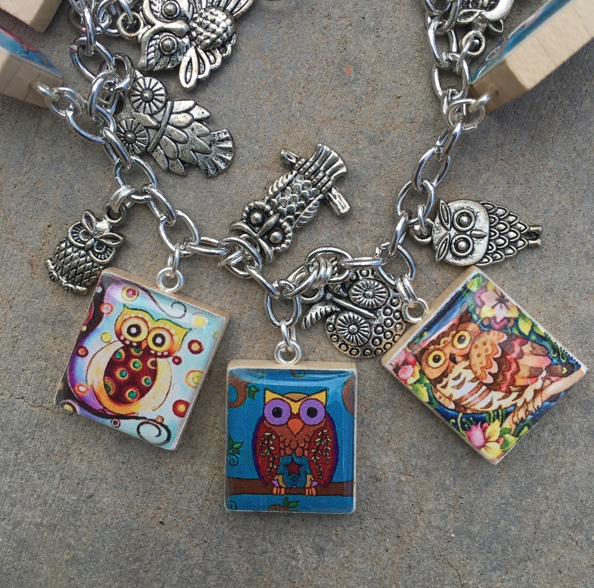 Owl Charm Bracelet: Recycled Scrabble Tile Art, Silver Plated