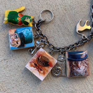 Bracelet Cats Steampunk Scrabble Tile Charm Bracelet, Cat Bracelet