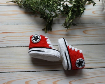 Red Crochet Baby, Unisex Booties for Kids, Cotton Newborn, Sneakers Sporty Boy Girl Shoes, Gift Baby Shoes Knit Yellow Blue, baby booty