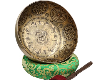 24cm,  Singing bowl Jambati in Seven Metal Bronze, Ideal of Healing and Sound therapy with detailed carving of Various Mandala Sri Yantra
