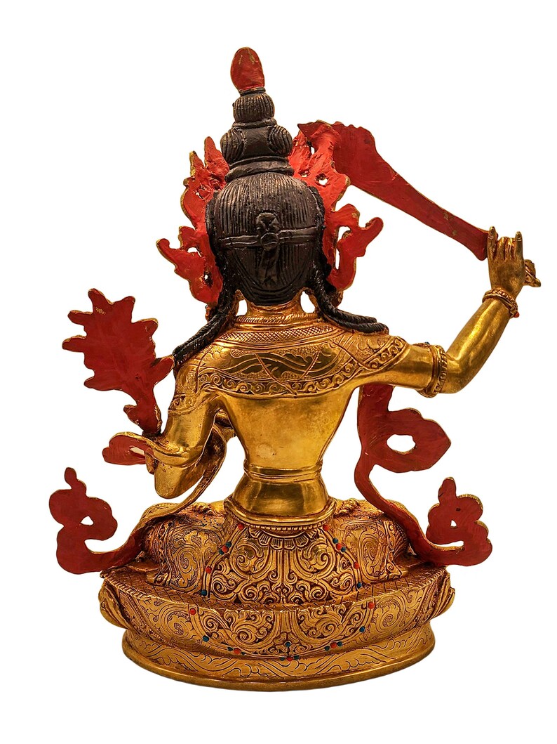 9 Inches Height, Manjushri, Buddhist Handmade Statue, Gold Plated And Face Painted image 4