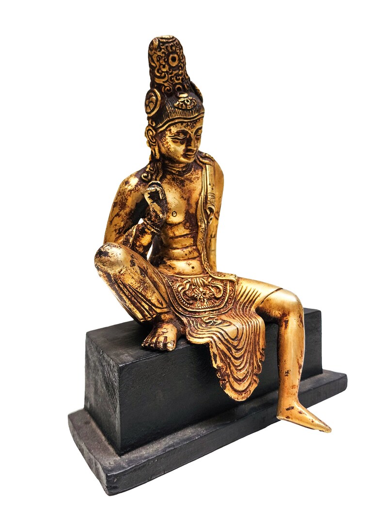 8 Inches, Sri Lankan Bodhisattva, Buddhist Handmade Statue, Antique Finishing, Gold Plated image 2