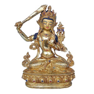 9 inch, Handmade Manjushri Buddhist Statue Gold Plated Copper Sculpture with Stone Setting Spiritual Meditation Decor image 1