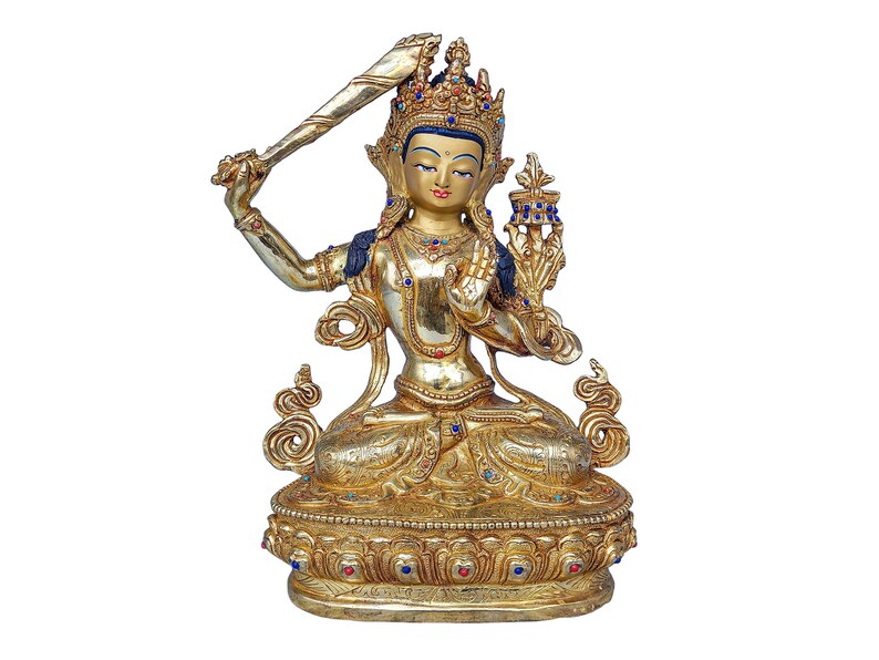 9 inch, Handmade Manjushri Buddhist Statue Gold Plated Copper Sculpture with Stone Setting Spiritual Meditation Decor image 1