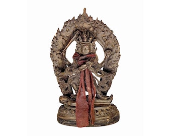 14 CM Height, Mahakala Four Arms, Buddhist Statue, Antique, Chocolate Oxidized
