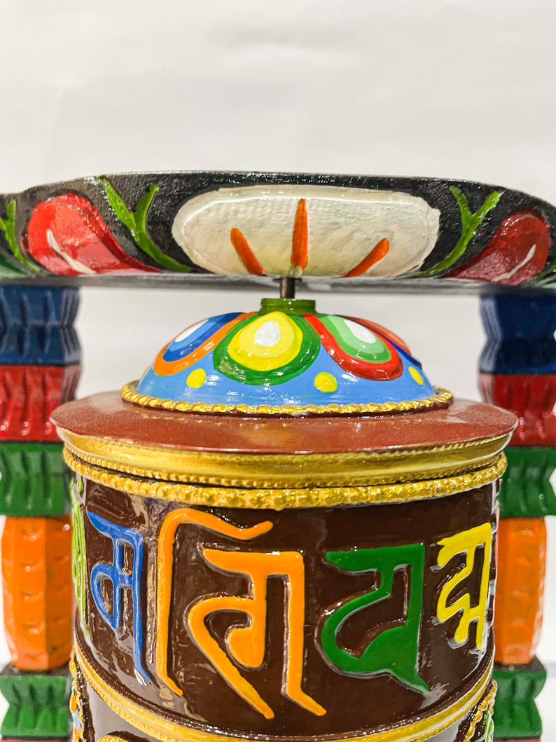 9 inches, Wall Prayer Wheel with Mantra Inside, Thangka Color with Carved Mantra, Ashtamangala image 5