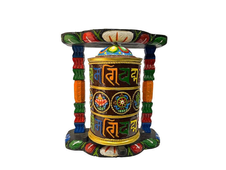 9 inches, Wall Prayer Wheel with Mantra Inside, Thangka Color with Carved Mantra, Ashtamangala image 1