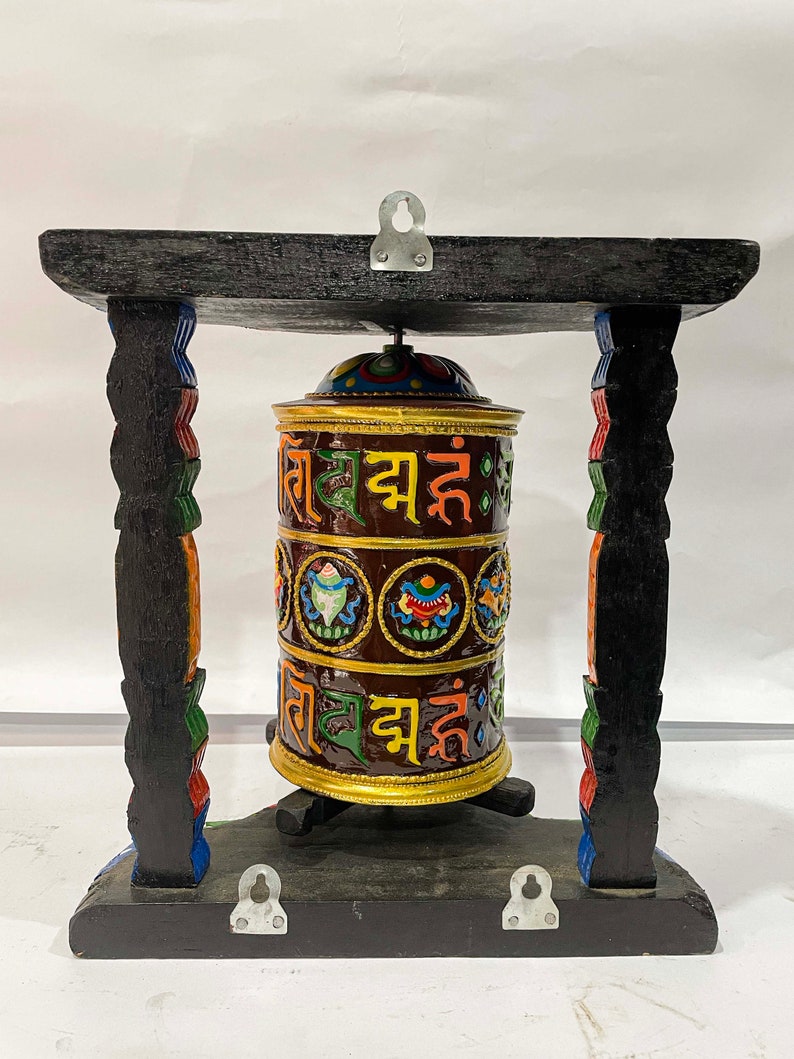 9 inches, Wall Prayer Wheel with Mantra Inside, Thangka Color with Carved Mantra, Ashtamangala image 3