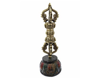 35 CM de longitud, alta calidad, bronce Dorje Vajra con soporte de madera