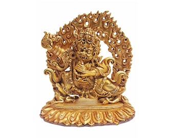 5" Inches, Tibetan Buddhist Miniature Statue of  Kajupa Mahakala 2 Arms,  Full Gold Plated