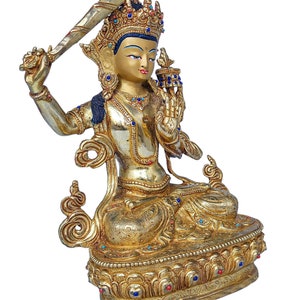 9 inch, Handmade Manjushri Buddhist Statue Gold Plated Copper Sculpture with Stone Setting Spiritual Meditation Decor image 2