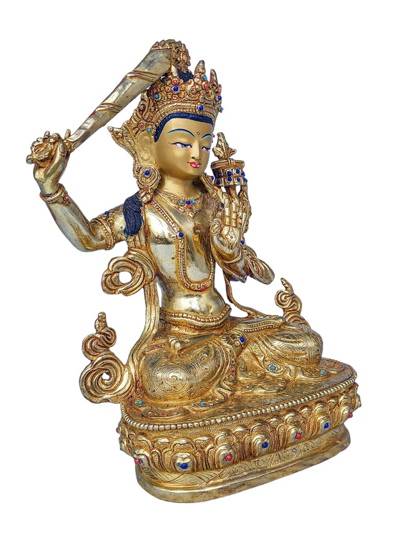 9 inch, Handmade Manjushri Buddhist Statue Gold Plated Copper Sculpture with Stone Setting Spiritual Meditation Decor image 2