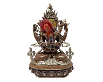 12.5" Inches Height, Nepali Handmade Statue Of Chenrezig With Consort, Shakti, Yab-Yum, Chocolate Oxidized, Painted Face