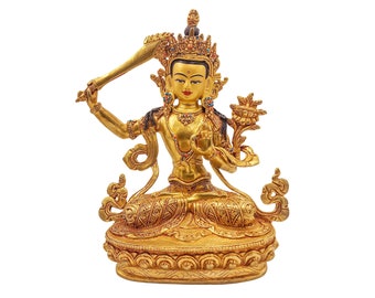 9" Inches Height, Manjushri, Buddhist Handmade Statue, Gold Plated And Face Painted