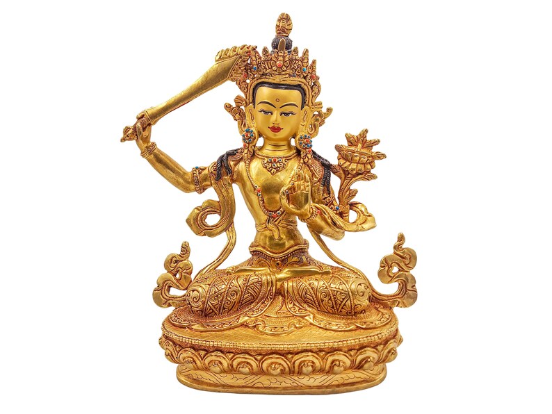 9 Inches Height, Manjushri, Buddhist Handmade Statue, Gold Plated And Face Painted image 1
