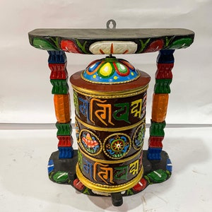 9 inches, Wall Prayer Wheel with Mantra Inside, Thangka Color with Carved Mantra, Ashtamangala image 4
