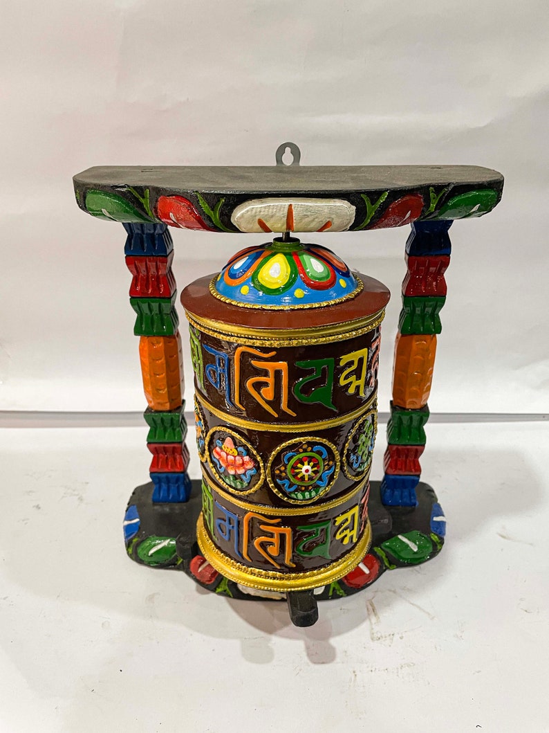 9 inches, Wall Prayer Wheel with Mantra Inside, Thangka Color with Carved Mantra, Ashtamangala image 4