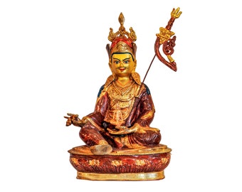 34x20x18cm  Buddhist Handmade Statue of Padmasambhava, Guru Rinpuchhe  Face Painted,  Partially Gold Plated