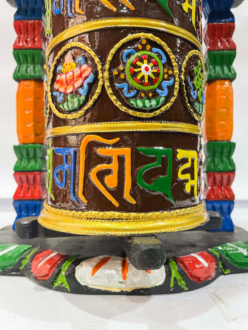 9 inches, Wall Prayer Wheel with Mantra Inside, Thangka Color with Carved Mantra, Ashtamangala image 6