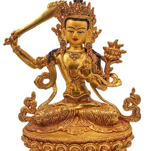 9 Inches Height, Manjushri, Buddhist Handmade Statue, Gold Plated And Face Painted image 2