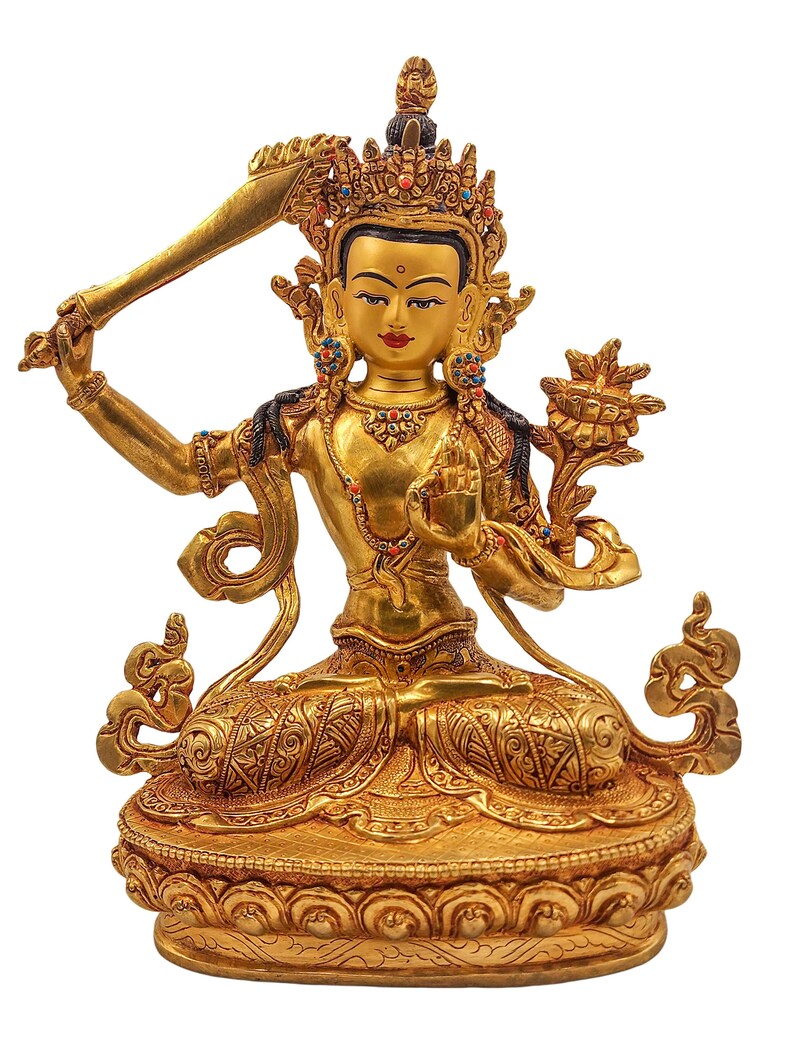 9 Inches Height, Manjushri, Buddhist Handmade Statue, Gold Plated And Face Painted image 2