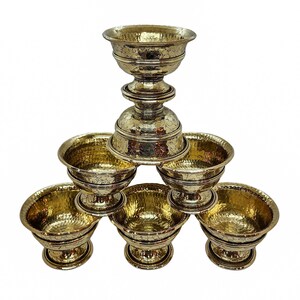 7 CM Height, Copper Offering Bowl With Stand And Hand Carving 7 Pcs Set image 6