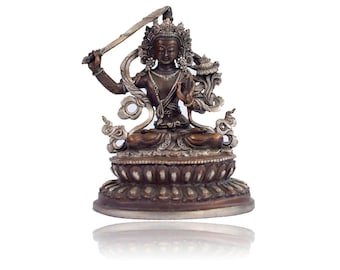 Buddhist Statue of Manjushree, On Double Lotus Base Silver Plated Oxidised Finishing