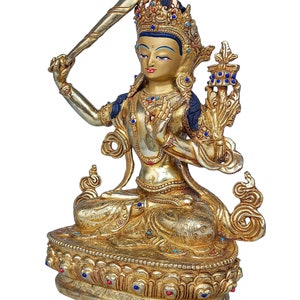 9 inch, Handmade Manjushri Buddhist Statue Gold Plated Copper Sculpture with Stone Setting Spiritual Meditation Decor image 3