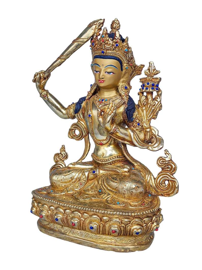 9 inch, Handmade Manjushri Buddhist Statue Gold Plated Copper Sculpture with Stone Setting Spiritual Meditation Decor image 3