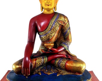 9 inches,  Resin Statue of Shakyamuni Buddha Thangka Color Painted, Red, Painted Face