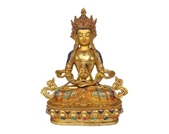 13 inch, Apamita, Buddhist Handmade Statue, Face Painted, Gold Plated And Stone Setting