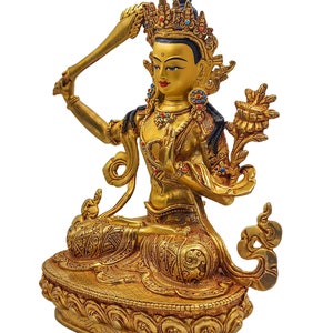 9 Inches Height, Manjushri, Buddhist Handmade Statue, Gold Plated And Face Painted image 5