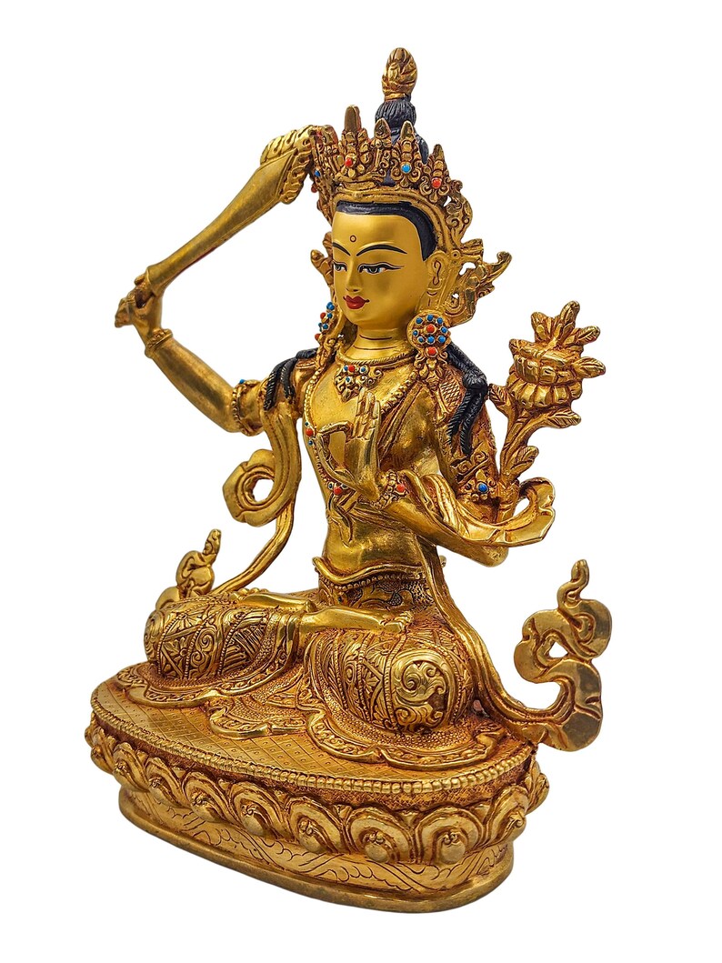 9 Inches Height, Manjushri, Buddhist Handmade Statue, Gold Plated And Face Painted image 5