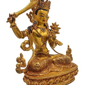 9 Inches Height, Manjushri, Buddhist Handmade Statue, Gold Plated And Face Painted image 3