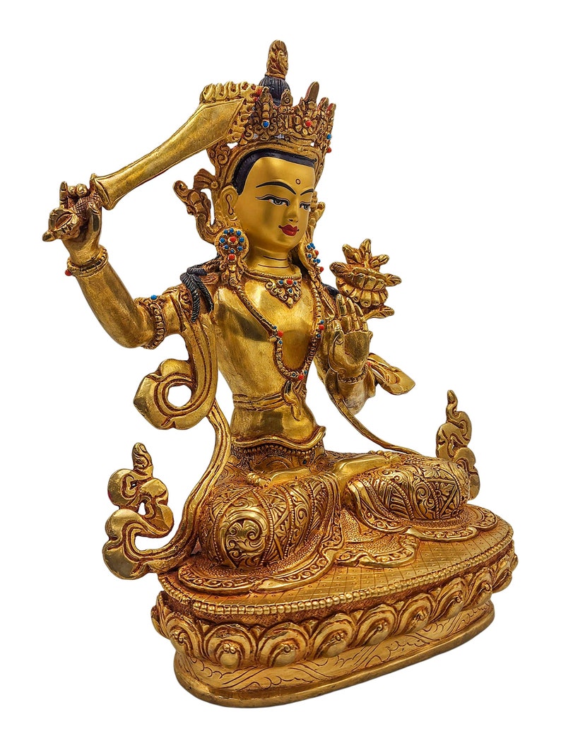 9 Inches Height, Manjushri, Buddhist Handmade Statue, Gold Plated And Face Painted image 3