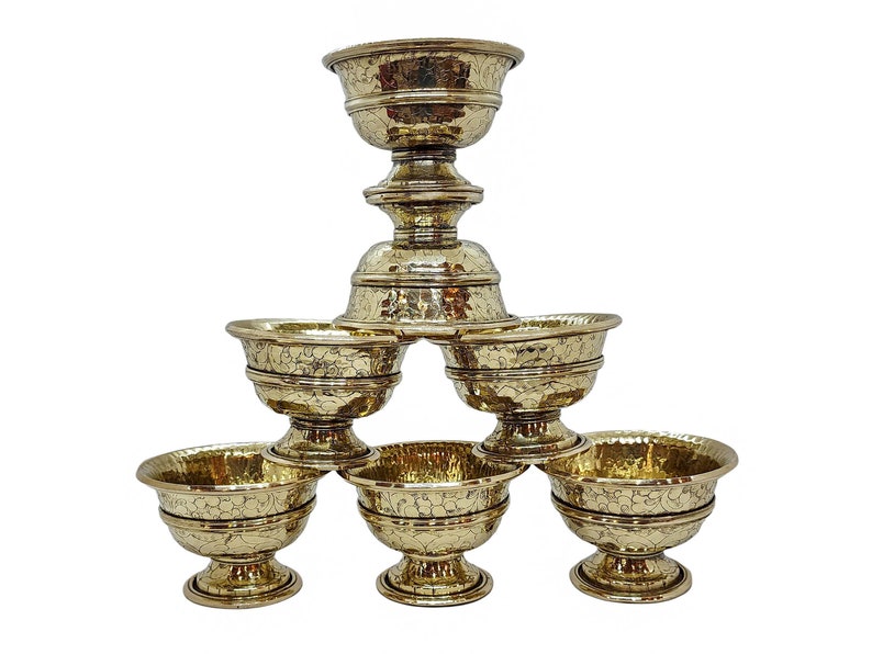 7 CM Height, Copper Offering Bowl With Stand And Hand Carving 7 Pcs Set image 1